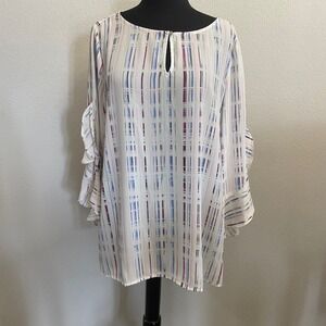 Chaus New York Women's Blouse Ruffle Sleeve Keyhole Striped Top Career Casual‎ L